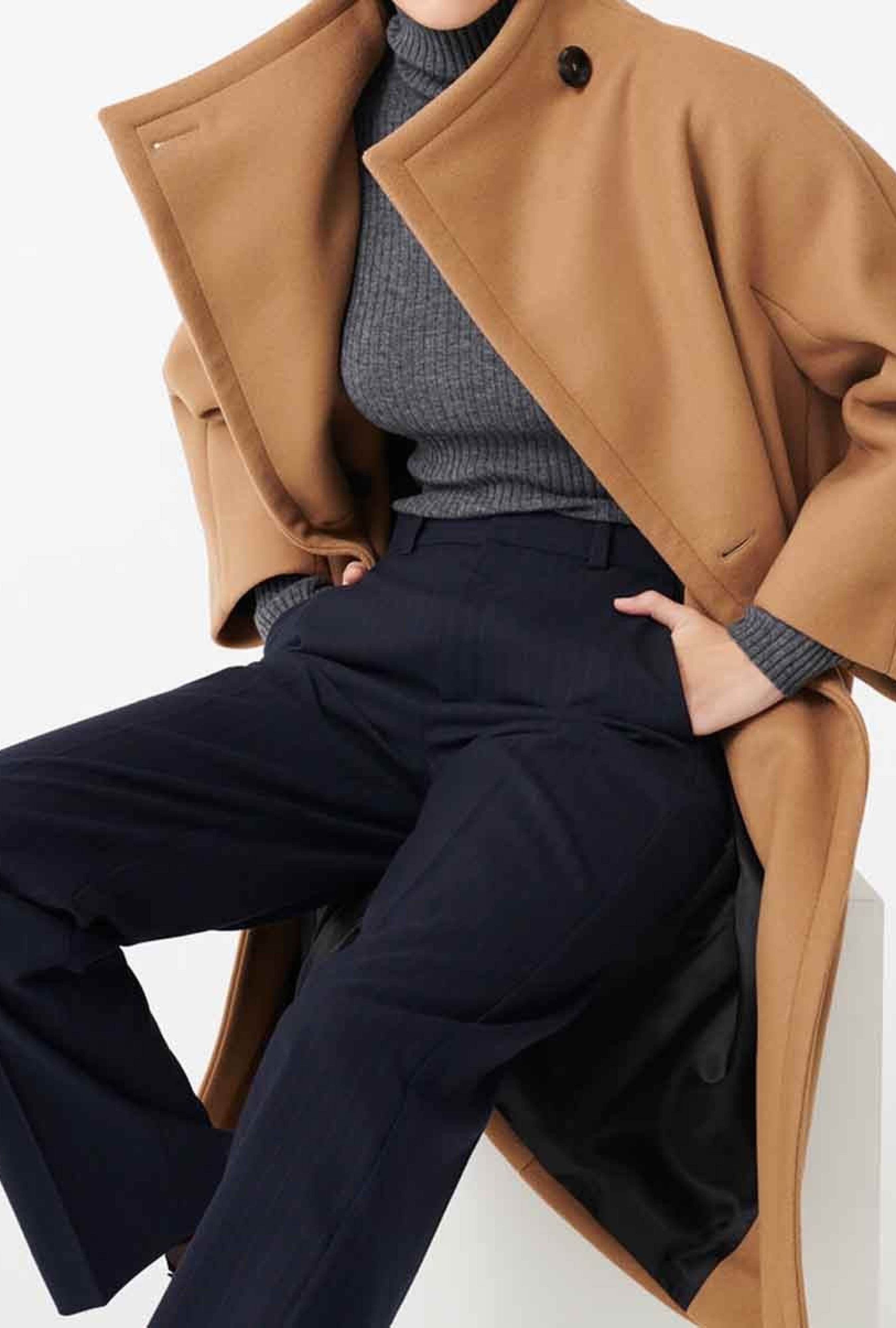 Manteau Long Grand Col en Drap de Laine