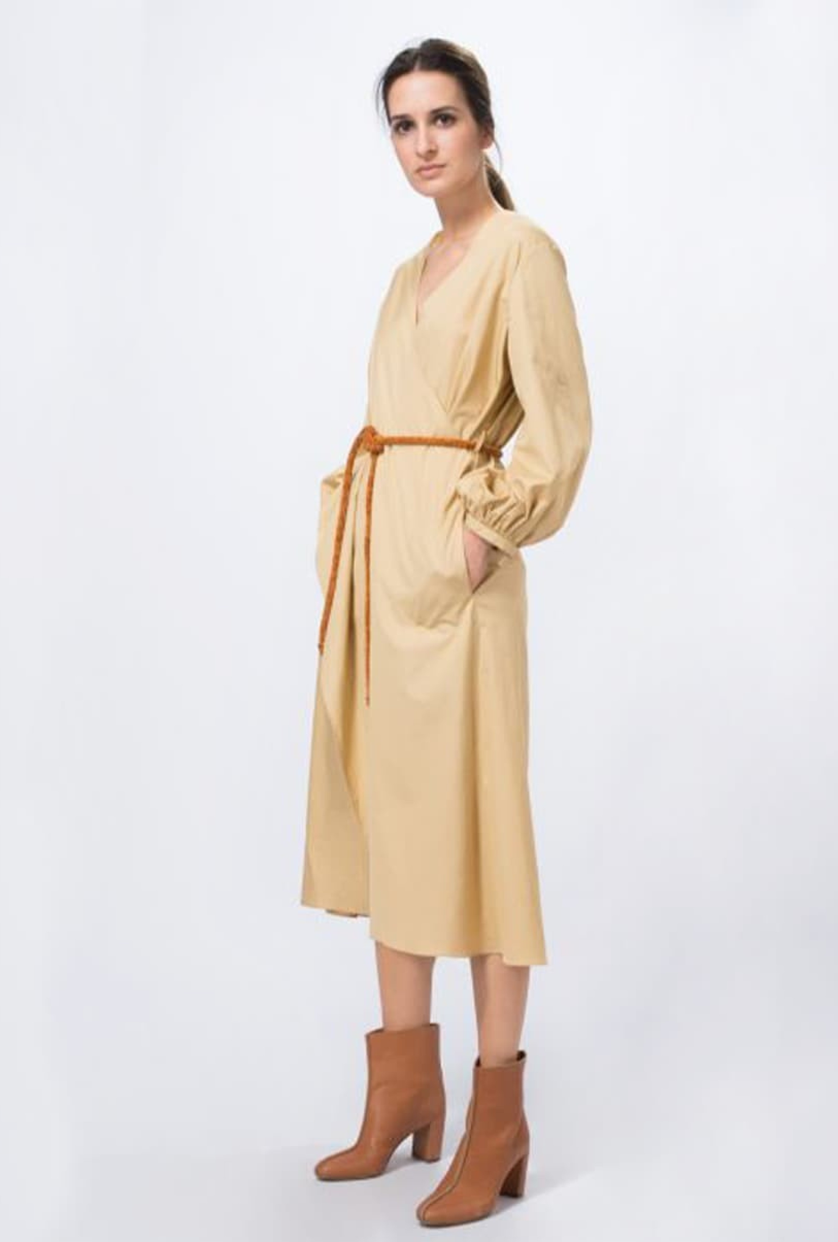 Robe Veronique Leroy Popeline Ceinturée Beige