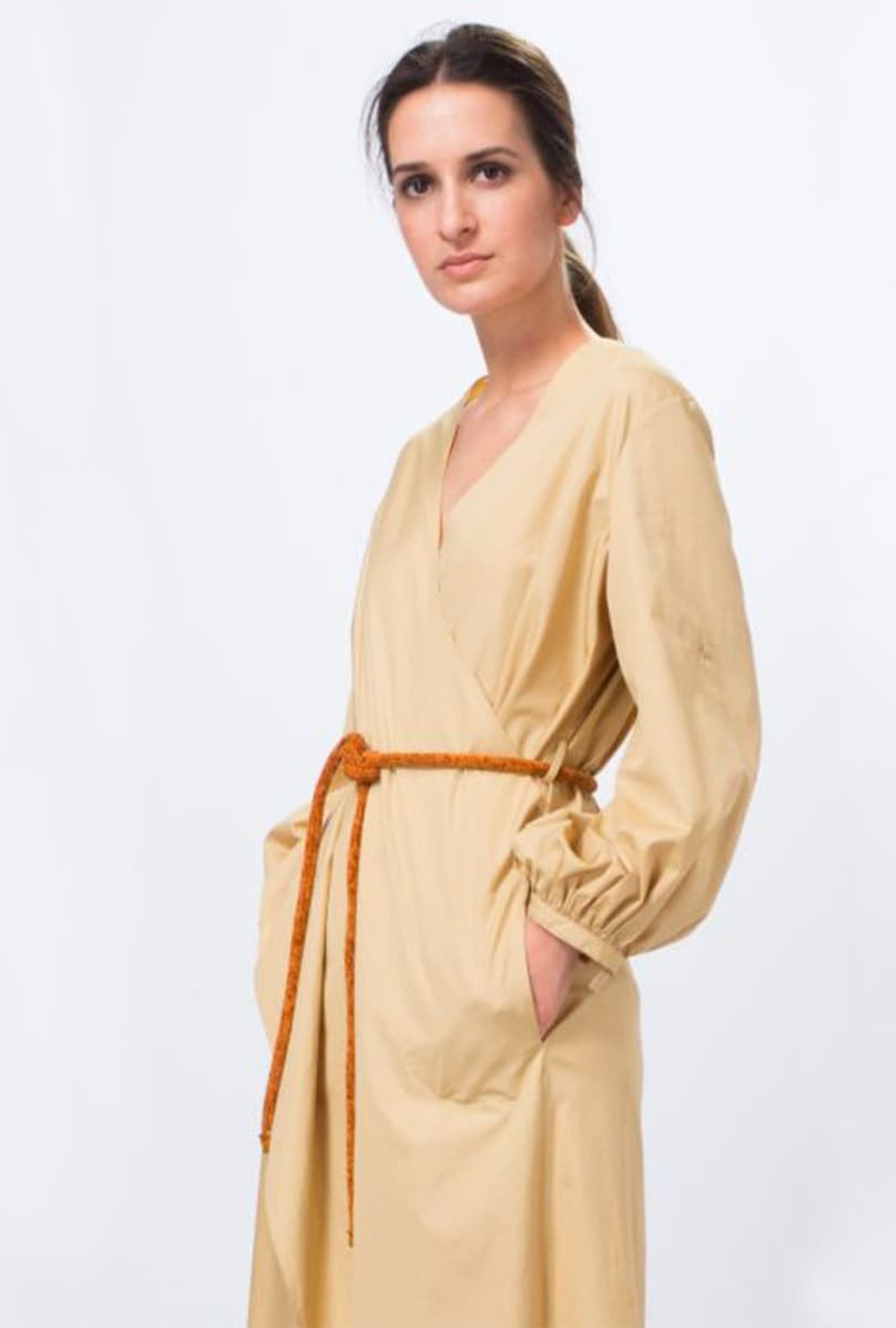 Robe Veronique Leroy Popeline Ceinturée Beige
