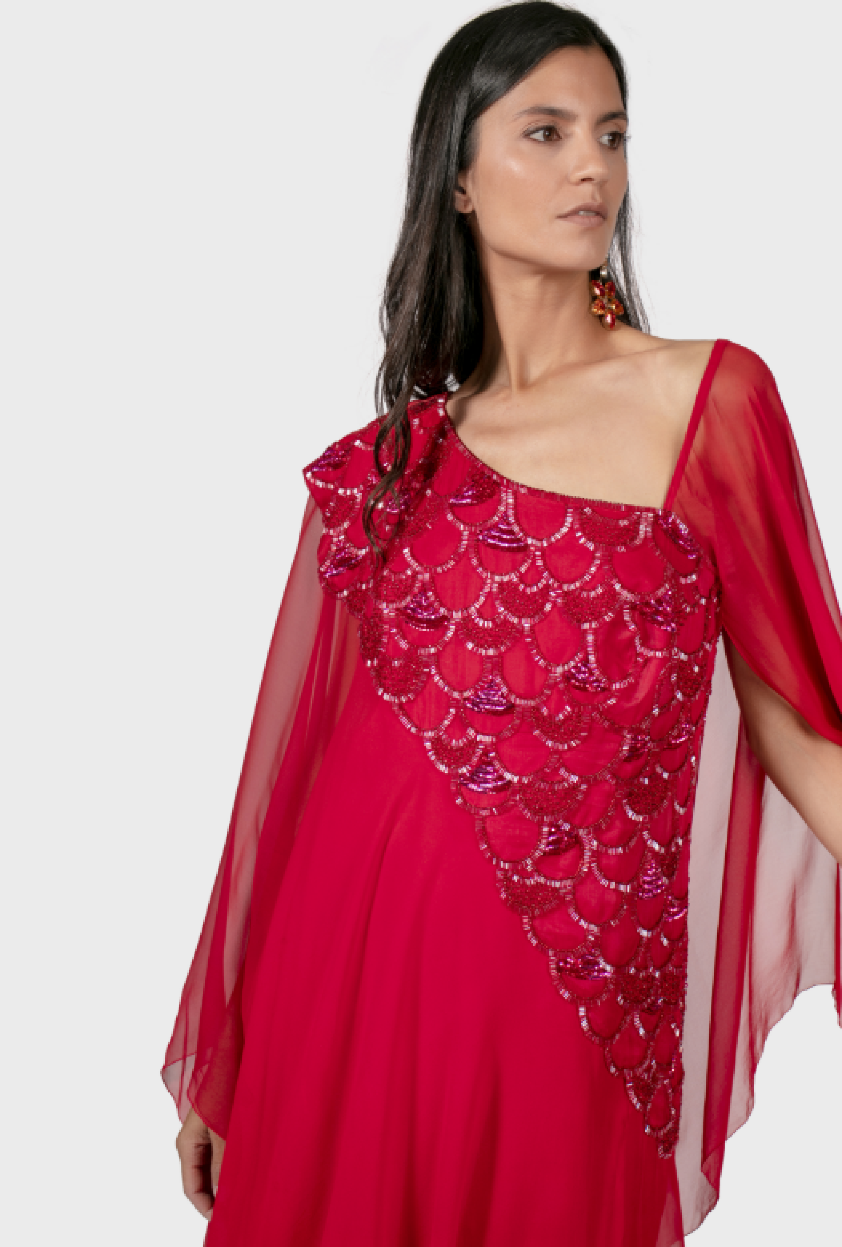 Robe Mousseline Rouge Brodée