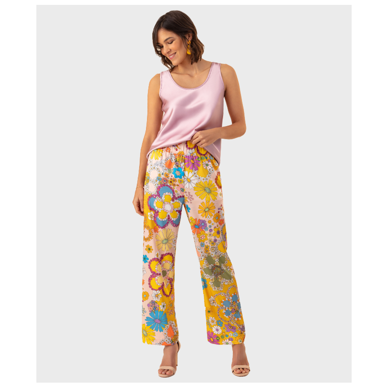 Pantalon Bleu Blanc Rouge Jacinthe Coloré Fleuri